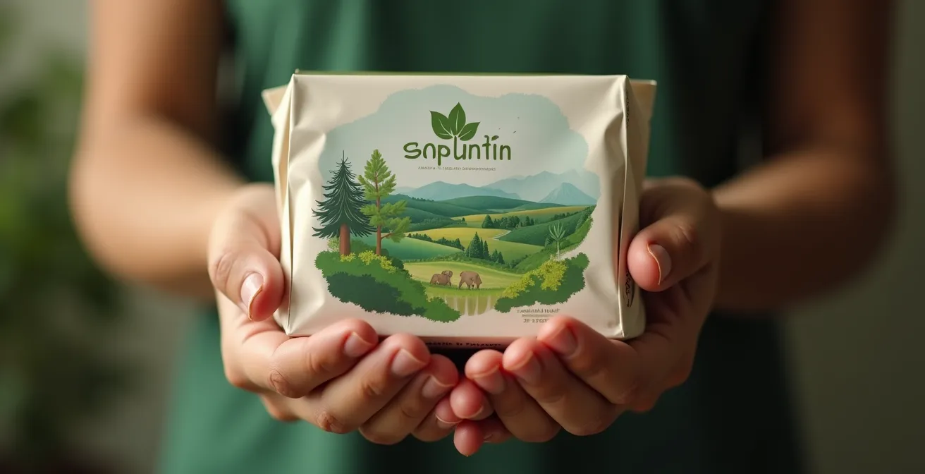 Packaging éco-responsable avec visuel racontant une histoire de marque durable et engagée
