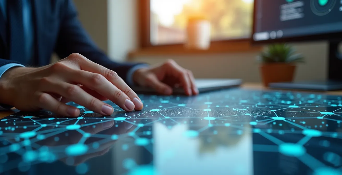 Mains manipulant une carte logistique avec points de connexion