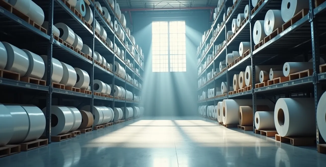 Entrepôt moderne avec rangement organisé de rouleaux d'adhésifs
