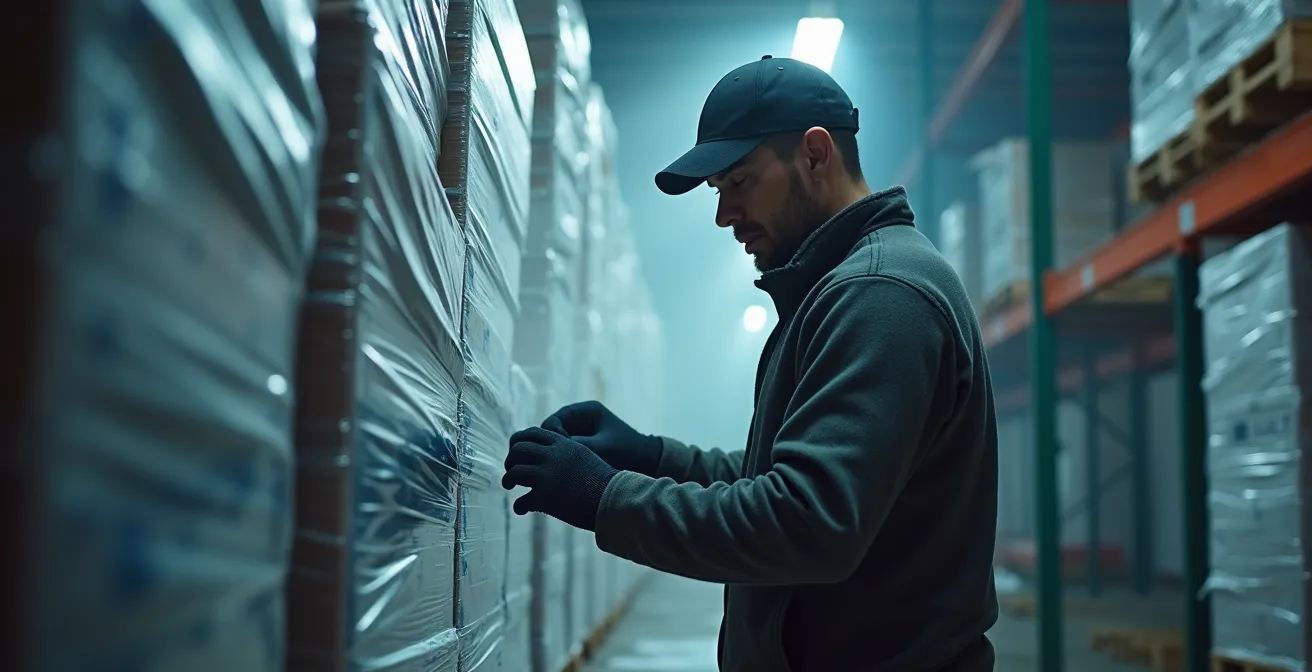 Opérateur logistique vérifiant l'intégrité d'une palette filmée en environnement frigorifique