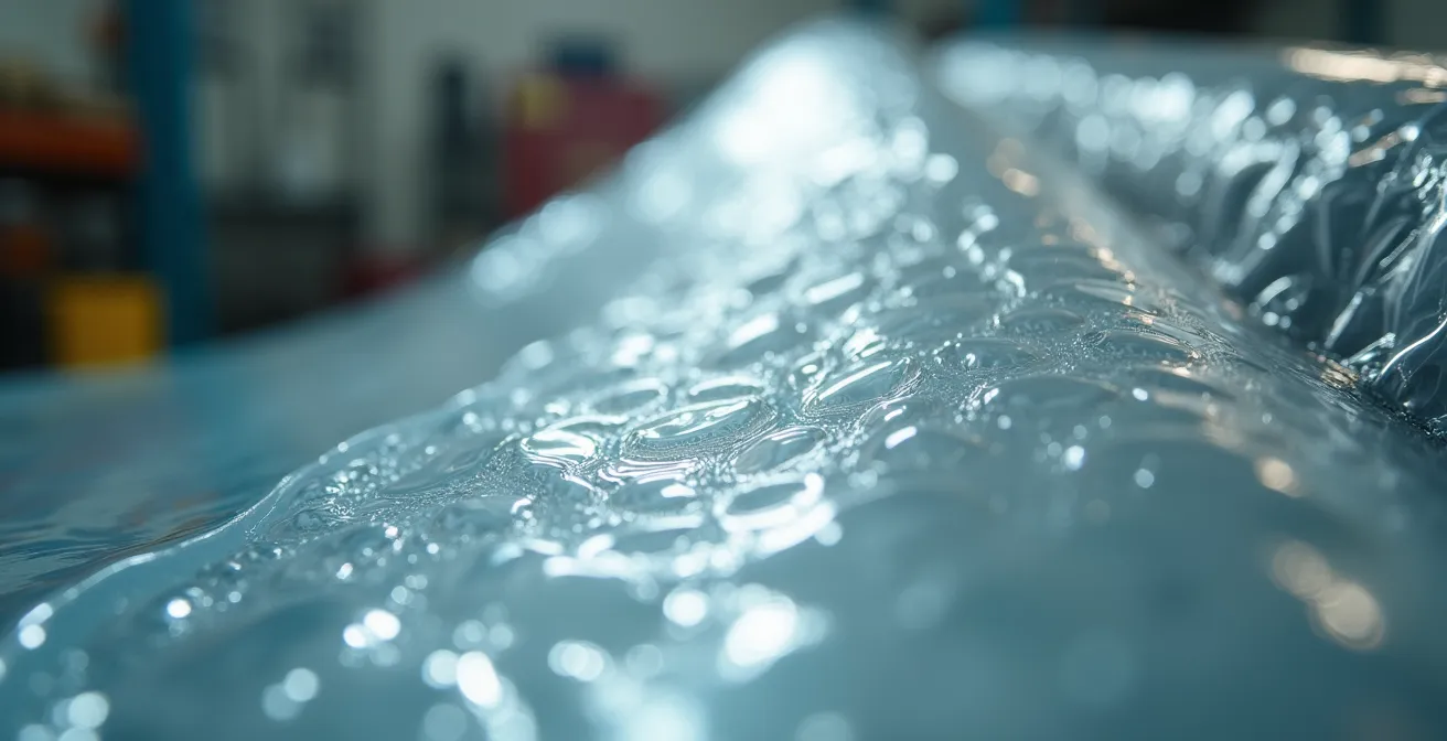 Détail macro du film étirable sous tension montrant les variations de déformation