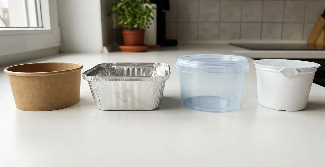 Gros plan sur trois contenants alimentaires en matériaux différents : kraft cartonné, aluminium et plastique transparent, posés côte à côte