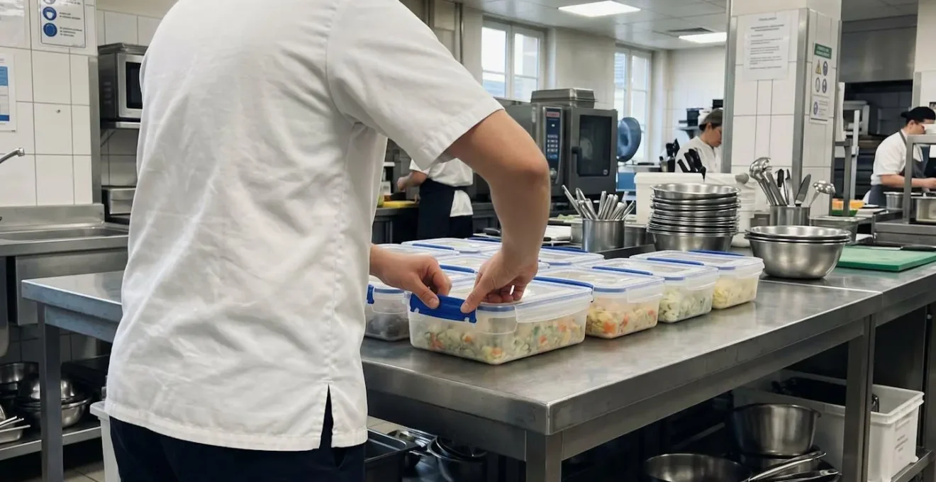 Mains fermant un contenant alimentaire avec système de clips de verrouillage, détail du mécanisme de fermeture visible