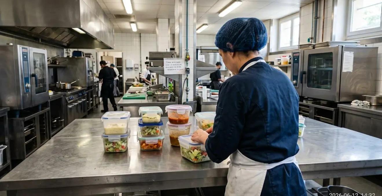 Professionnel en cuisine inspectant différents contenants alimentaires avec couvercles sur un plan de travail inox