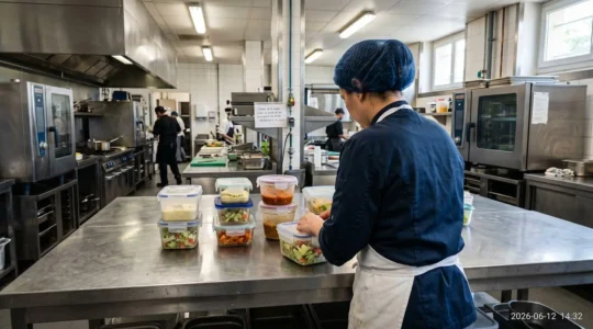 Professionnel en cuisine inspectant différents contenants alimentaires avec couvercles sur un plan de travail inox