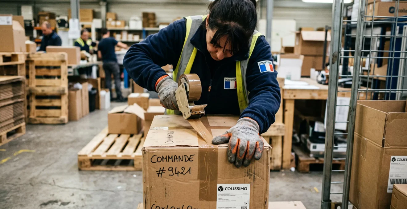 Un préparateur applique un ruban adhésif sur le rabat d'un carton en entrepôt.