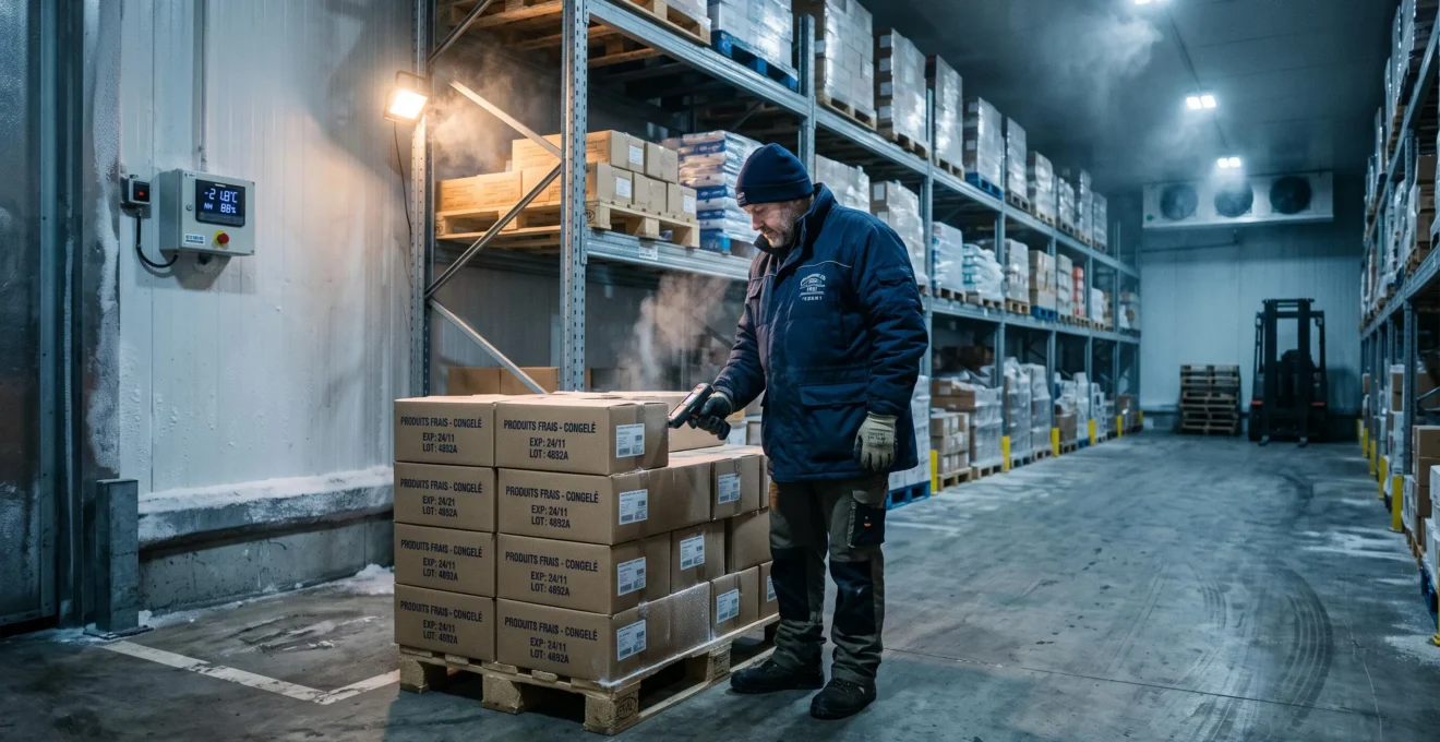 Un employé en veste isolante vérifie des cartons scellés dans une chambre froide.